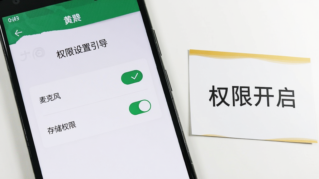画面展示一部安卓手机屏幕特写,屏幕内为黄鹂智声软件权限设置引导页,页面列出麦克风与存储权限开关,旁边配有勾选提示图标;手机旁放置一张写有“权限开启”字样的提示卡片,整体风格简洁明快,布局清晰,细节到位,画质干净,无多余元素