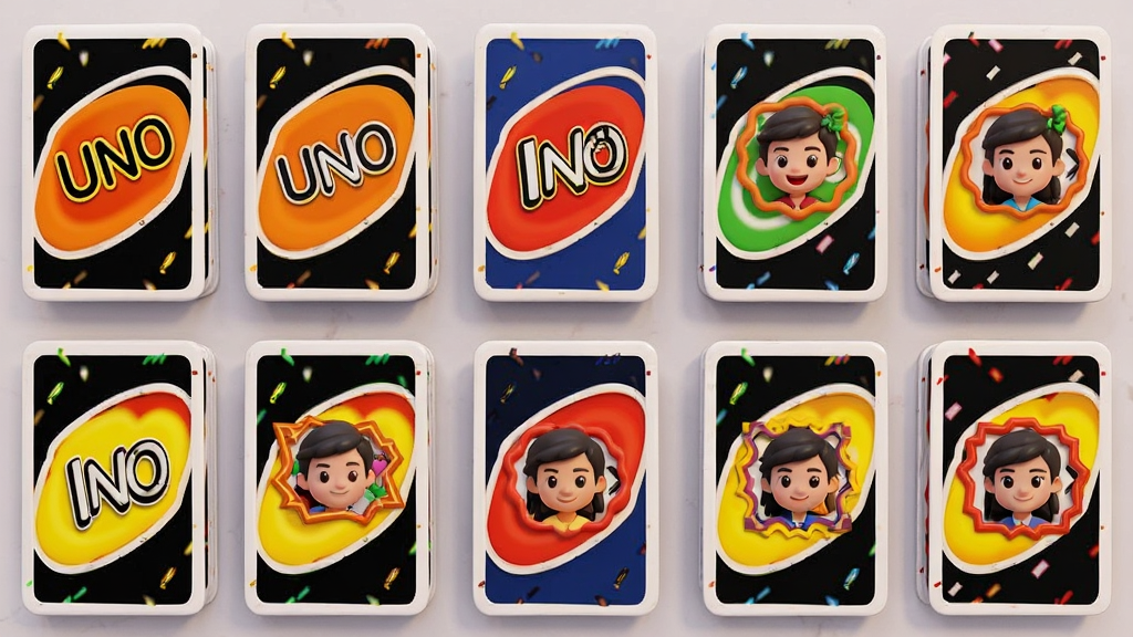 一张UNO个性化装扮展示图,画面中陈列多款不同风格的卡背图案与头像框,色彩丰富多样,排列整齐如展示柜,风格精致卡通,细节清晰,画质干净明亮