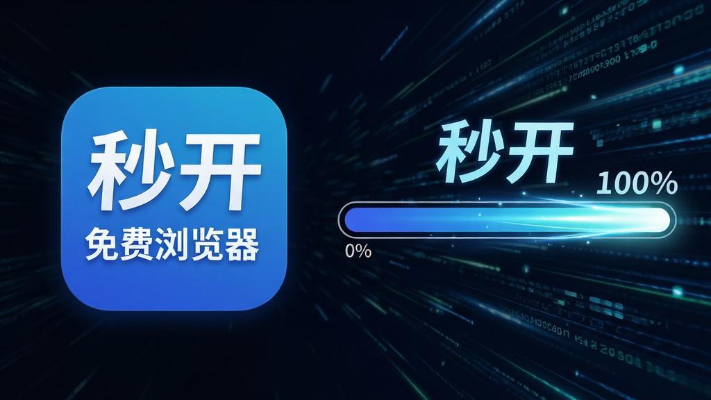 画面主体为“秒开免费浏览器”的启动画面与网页加载进度条特写,布局上左侧展示应用图标,右侧展示进度条从0%瞬间跳至100%的动态效果。排版采用左右对比形式,风格为动感科技风,细节包括进度条上的流光效果和背景中飞驰而过的数据流线条,画质清晰锐利,画面干净,突出“秒开”的视觉概念,无多余装饰元素。