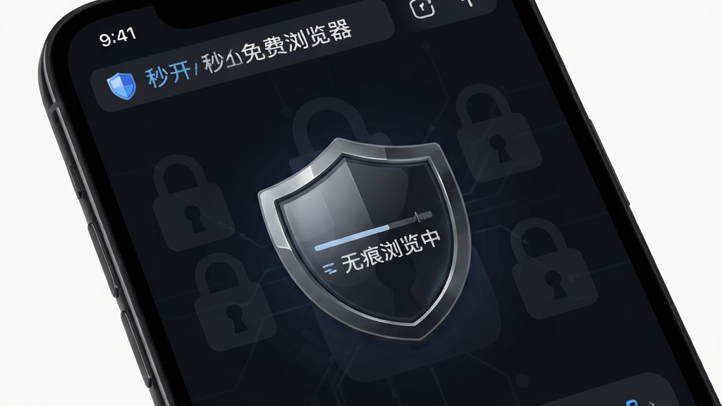 画面主体为“秒开免费浏览器”的无痕模式界面,布局上手机屏幕显示深色主题的浏览页面,角落有一个显眼的盾牌图标和“无痕浏览中”字样。排版采用居中特写,风格为沉稳安全的暗色调科技风,细节包括盾牌表面的光泽质感和背景中若隐若现的锁形图案,画质高清,画面干净,突出隐私保护主题,无多余元素。