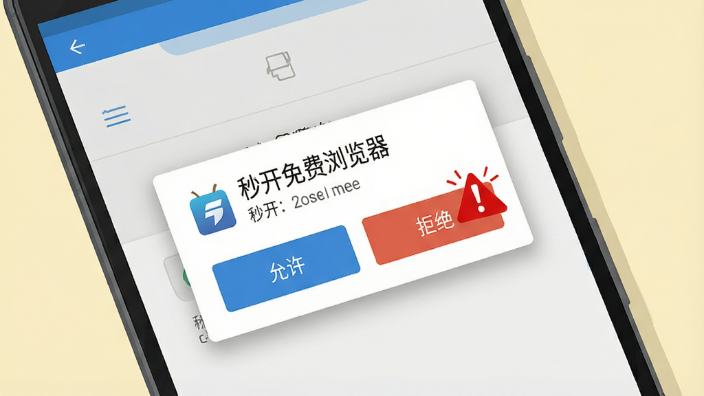 画面主体为一部安卓手机屏幕特写,显示“秒开免费浏览器”的安装权限设置页面,布局上屏幕中央弹出权限请求对话框,下方有“允许”和“拒绝”两个按钮,旁边配有一个红色警示感叹号图标。排版采用竖屏居中构图,风格为简洁明快的扁平化UI插画,细节包括对话框的阴影层次和警示图标的醒目红色,画质清晰,画面干净,突出安全提示主题,无多余元素。