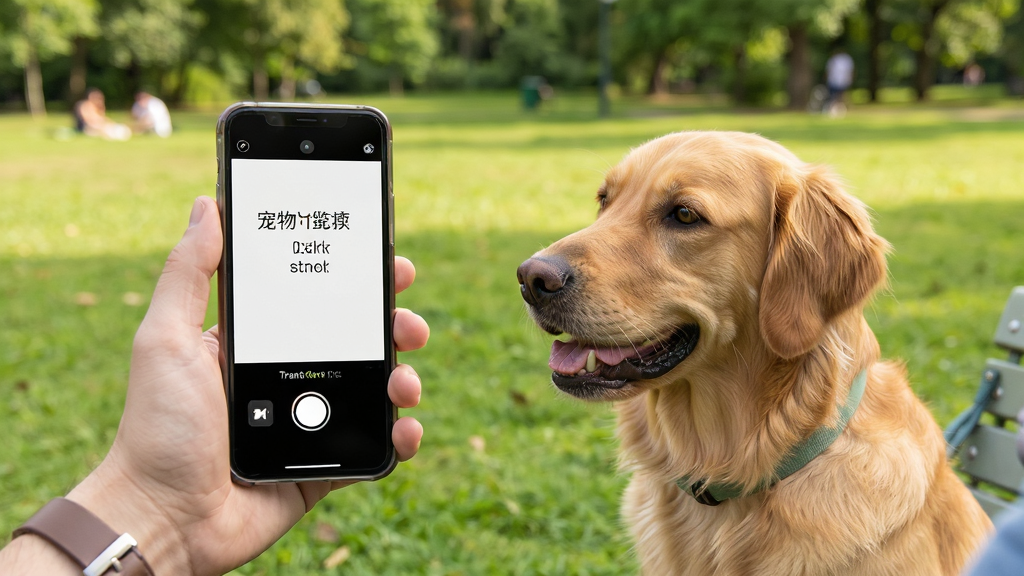 宠物翻译器使用场景图,画面中主人手持手机对着狗狗录音,手机屏幕显示翻译结果文字,背景是公园草地,布局自然,风格生活化写实,细节清晰,画质干净明亮