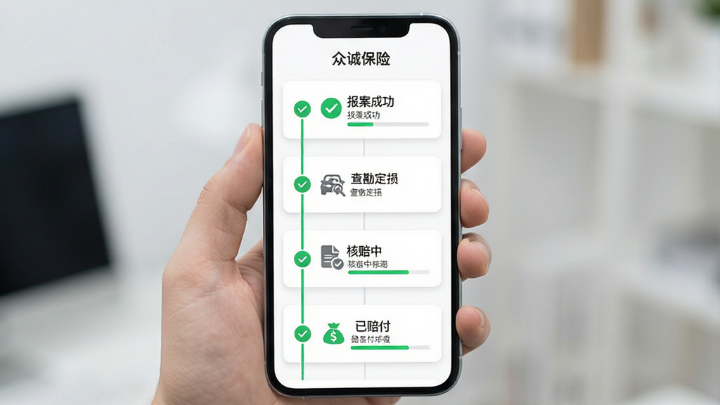 手机界面展示“众诚保险”理赔进度页面,主体为竖向时间轴布局,节点包含“报案成功”“查勘定损”“核赔中”“已赔付”,每个节点配有状态图标和文字说明,背景为白色卡片,风格清爽简约,细节包含绿色对勾和进度条,画质清晰,干净,无多余元素