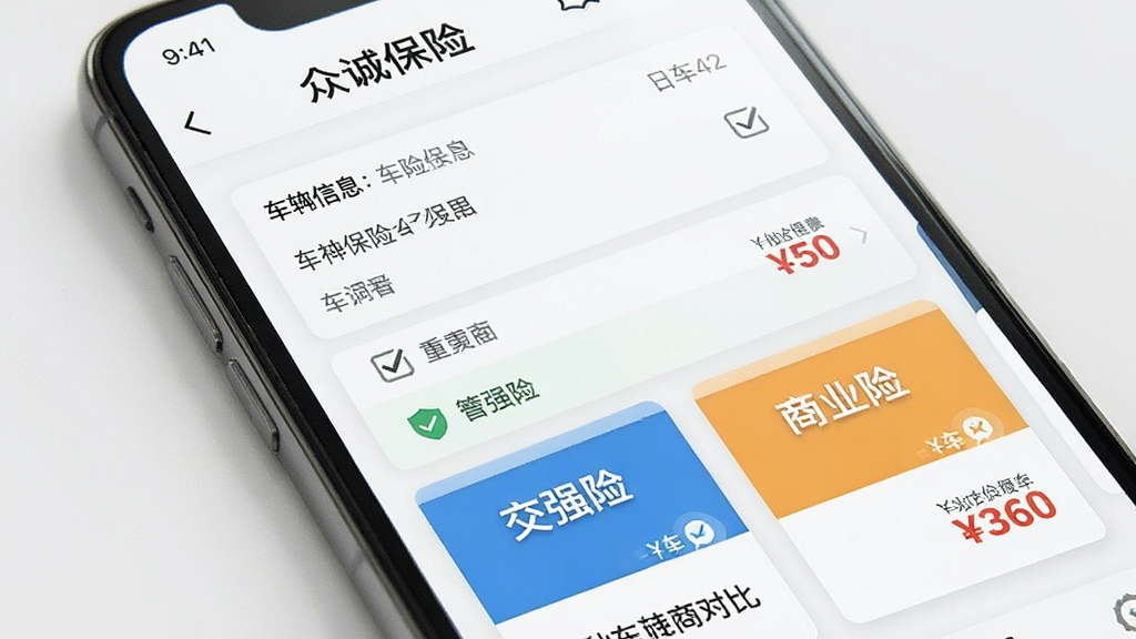 手机屏幕特写,显示“众诚保险”车险投保页面,画面中有车辆信息填写框和多种保险方案对比卡片,卡片上有“交强险”“商业险”字样,布局为上下排列的卡片式设计,风格现代简洁,细节包含勾选图标和价格标签,画质清晰,干净,无多余元素