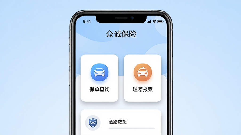 一款名为“众诚保险”的手机应用界面展示图,主体为居中放置的智能手机,屏幕显示车险投保首页,包含保单查询、理赔报案、道路救援三个主要功能入口图标,布局清晰对称,背景为浅蓝色渐变,风格简洁商务,细节包含图标阴影和圆角卡片设计,画质清晰,干净,无多余元素