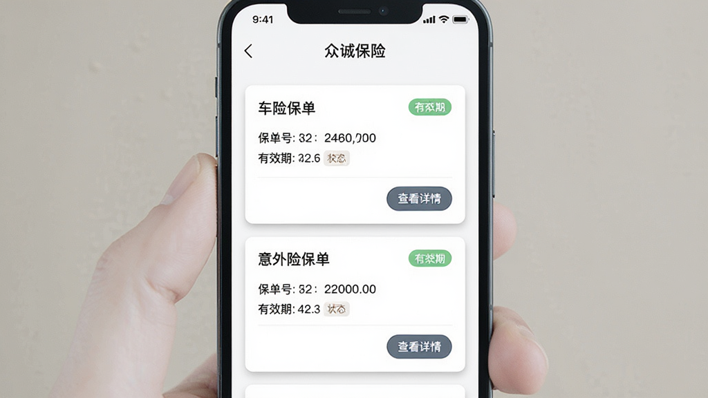 手机屏幕显示“众诚保险”保单管理列表页,页面中有两张保单卡片,分别标注“车险保单”和“意外险保单”,卡片上显示保单号、有效期和“查看详情”按钮,布局为纵向列表,风格素雅极简,细节包含卡片阴影和状态标签,画质清晰,干净,无多余元素