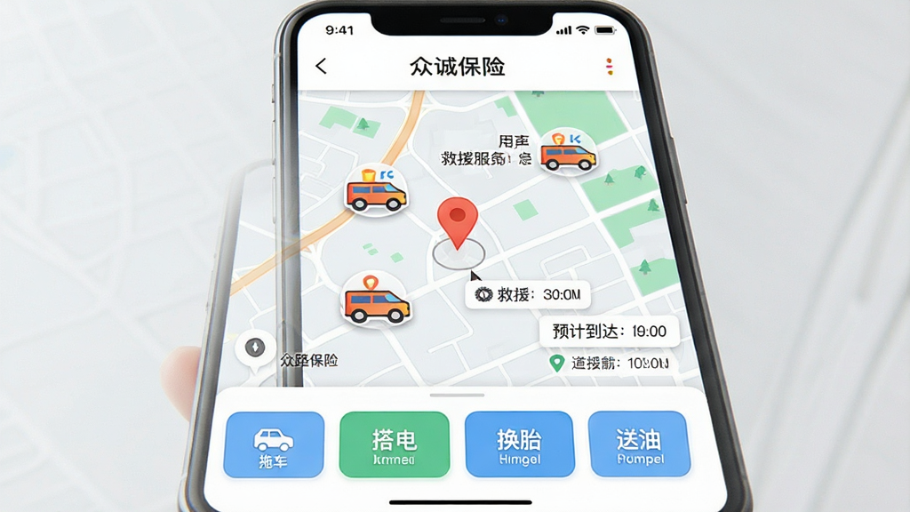 手机界面展示“众诚保险”道路救援服务页,主体为地图背景上显示救援车辆图标和用户位置标记,下方有“拖车”“搭电”“换胎”“送油”四个服务按钮,布局为地图加底部操作栏,风格清新浅色,细节包含定位图标和预计到达时间标签,画质清晰,干净,无多余元素