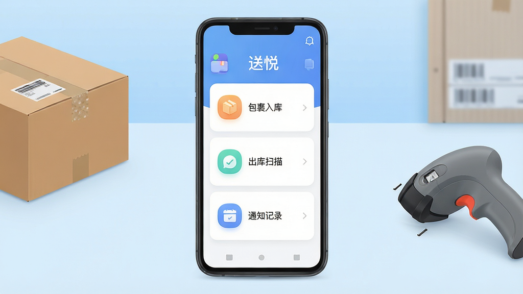 画面主体是一部竖屏安卓手机,手机屏幕中央显示“送悦”应用主界面,界面包含包裹入库、出库扫描、通知记录三个主要功能卡片;布局为手机居中放置,背景是浅蓝色渐变的工作台桌面,桌面一侧摆放快递纸箱与扫码枪;排版简洁,手机屏幕内容清晰可读;风格为清爽现代的扁平化UI展示风格;细节上手机边框为深灰色,屏幕内图标圆润,纸箱上有胶带纹理;画质高清,画面干净,无多余元素