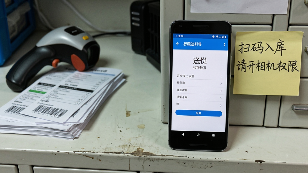 画面主体是一部安卓手机放在驿站柜台上,屏幕显示“送悦”权限设置引导页面,旁边有一张手写的“扫码入库请开相机权限”便签;布局为手机居中偏右,左侧摆放扫码枪与一叠快递面单;风格为真实工作场景的写实风格;细节上手机屏幕内容清晰,便签字迹自然,柜台有轻微使用痕迹;画质清晰,画面干净,无多余元素