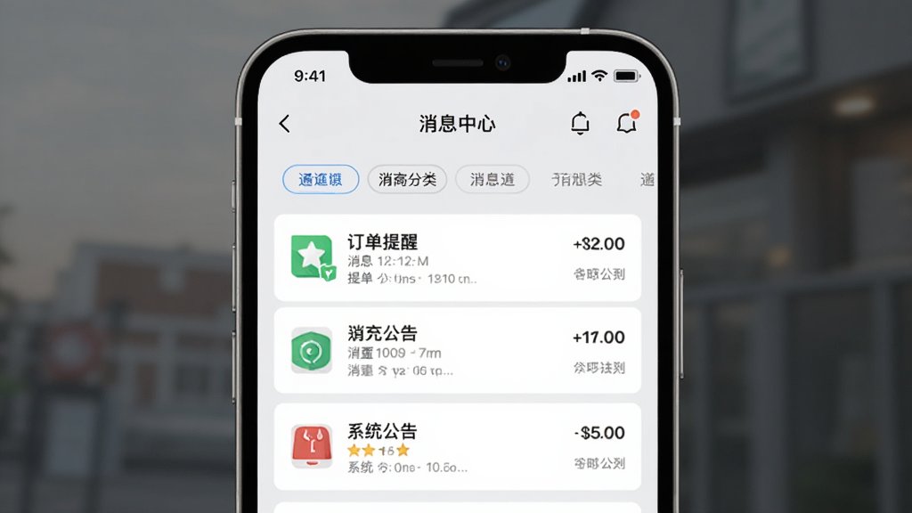 特来电商家版APP消息中心界面,手机屏幕展示通知列表与消息分类标签,包含订单提醒与系统公告,界面简洁,浅灰背景,扁平化设计,细节丰富,画质干净