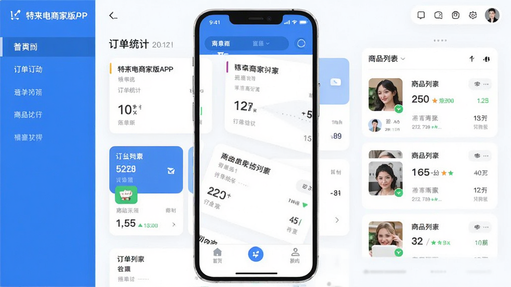 特来电商家版APP主界面展示,手机屏幕中呈现商家后台数据看板,包含订单统计卡片、商品列表与底部导航栏,整体采用蓝白配色,界面布局清晰,扁平化设计风格,细节丰富,画质干净,无多余元素