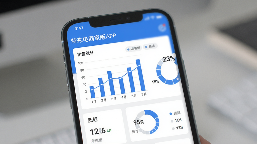 特来电商家版APP数据看板界面,手机屏幕显示销售统计图表与数字卡片,包含柱状图与环形图,蓝白配色,界面清爽,扁平化风格,细节清晰,画质干净