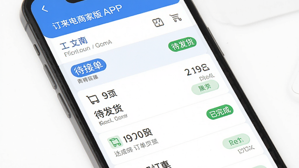 特来电商家版APP订单管理界面,手机屏幕显示订单列表与状态标签,包含待接单、待发货、已完成等分类,界面简洁,蓝色强调色,扁平化风格,细节清晰,画质干净