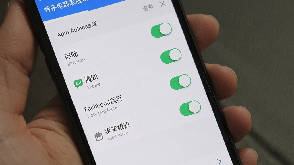 特来电商家版APP安装权限设置界面,手机屏幕显示应用权限管理页面,包含存储、通知、后台运行等开关选项,界面简洁,浅色背景,扁平化风格,细节清晰,画质干净