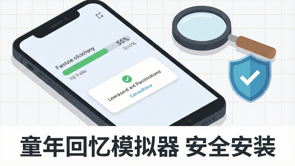 画面主体是一部手机屏幕显示安装进度条和权限弹窗,旁边放着放大镜和盾牌图标,布局为斜角俯视构图,风格为扁平化信息图,细节包括进度条上的百分比数字、盾牌上的对勾标记、背景中的浅色网格线,画质干净清晰,无多余元素,图片下方用深灰色字体写