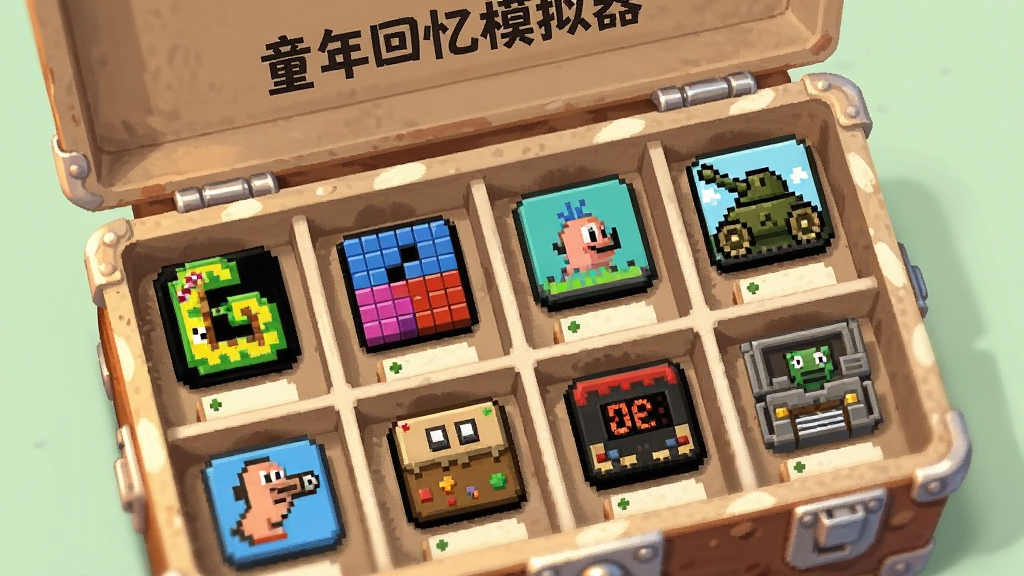 画面主体是一个虚拟游戏收纳盒打开的状态,盒内分成多个格子,每格放着一个像素风格的游戏图标,有贪吃蛇、俄罗斯方块、坦克大战等经典元素,布局为盒内俯视特写,风格为扁平化卡通插画,细节包括盒子边缘的金属扣、图标下方的标签纸和柔和阴影,画质干净清晰,无多余元素,盒盖内侧印有
