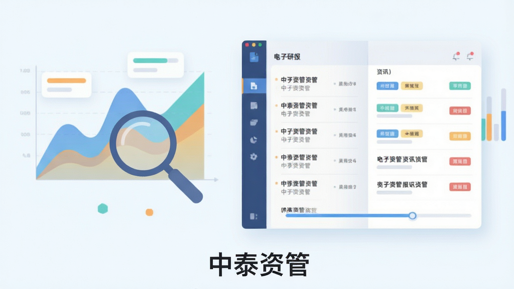 主体为一份展开的电子研报与资讯列表界面;布局为界面悬浮于画面右侧,左侧搭配抽象的数据曲线与放大镜元素;排版上“中泰资管”字样位于画面下方;风格为清新浅色扁平插画;细节包括列表条目、标签色块与阅读进度条;画质高清、干净、无多余元素