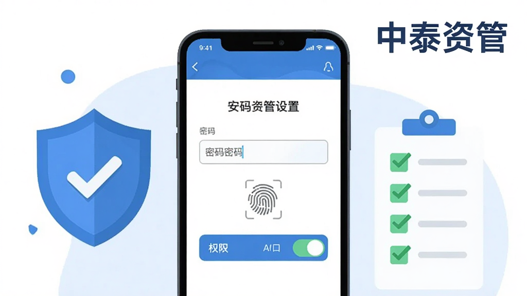主体为手机屏幕展示中泰资管App登录与安全设置页面;布局为手机正面居中,旁侧配有盾牌图标与勾选清单元素;排版上“中泰资管”文字位于画面右上角;风格为清爽扁平化安全主题插画;细节包括密码输入框、指纹图标与权限开关示意;画质清晰、干净、无多余元素