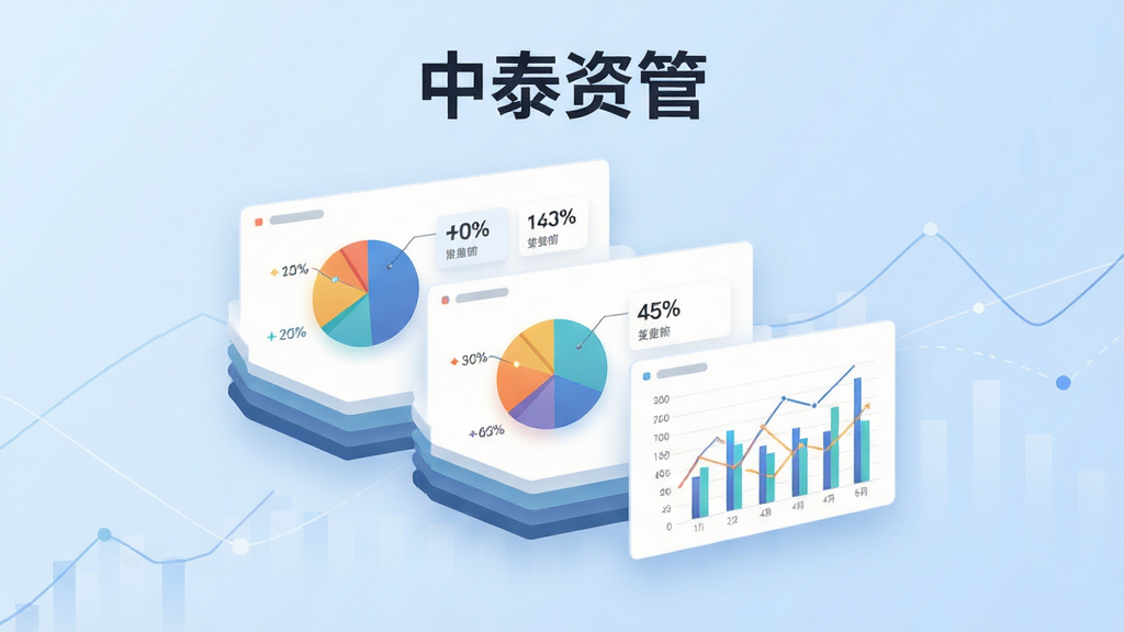 主体为悬浮的资产数据面板与饼状图、柱状图组合;布局为面板呈阶梯式排列于画面中央,背景为浅蓝渐变;排版上软件名称“中泰资管”置于画面顶部;风格为简洁商务信息图风格;细节包括数字卡片、百分比标签与层次分明的图表线条;画质清晰、干净、无多余元素