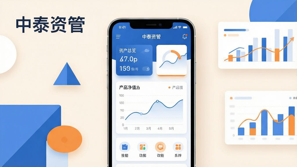 主体为一部竖屏智能手机,屏幕内展示中泰资管App首页界面,包含资产总览卡片、产品净值曲线与功能图标;布局为手机居中放置于浅色桌面,周围点缀简洁的几何色块与数据图表元素;排版上标题文字位于画面左上角;风格为现代金融科技扁平化插画,色调以蓝白为主辅以橙色点缀;细节包括清晰的界面卡片阴影、曲线走势线条与图标层次;画质高清、画面干净、无多余元素,图片中文字标注“中泰资管”