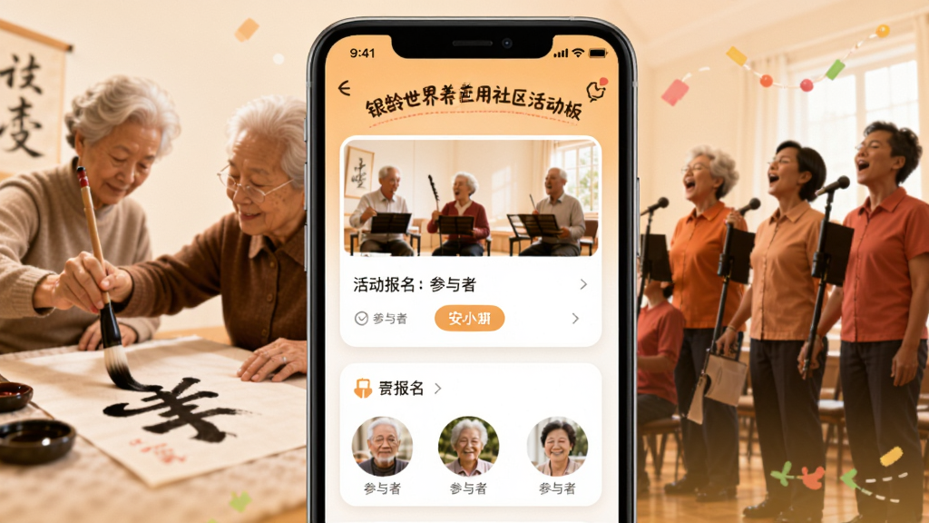 银龄世界养老应用社区活动板块界面,手机屏幕展示活动报名卡片与参与者头像,背景为老年人参与书法、合唱等活动的剪影,布局活泼有序,风格温暖亲切,细节丰富,画质清晰干净
