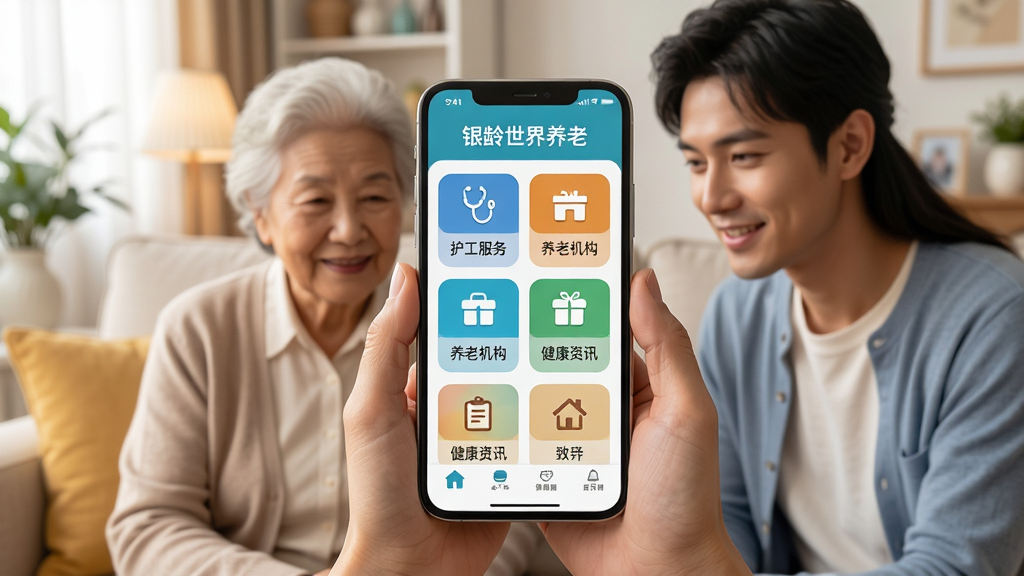 画面中央放置一部智能手机,屏幕显示银龄世界养老应用的主界面,界面包含护工服务、养老机构、健康资讯等图标模块,背景为温馨的居家客厅场景,一位老年人和一位年轻家属共同看向手机屏幕,整体风格温暖明亮,细节丰富,画质清晰干净,无多余装饰元素