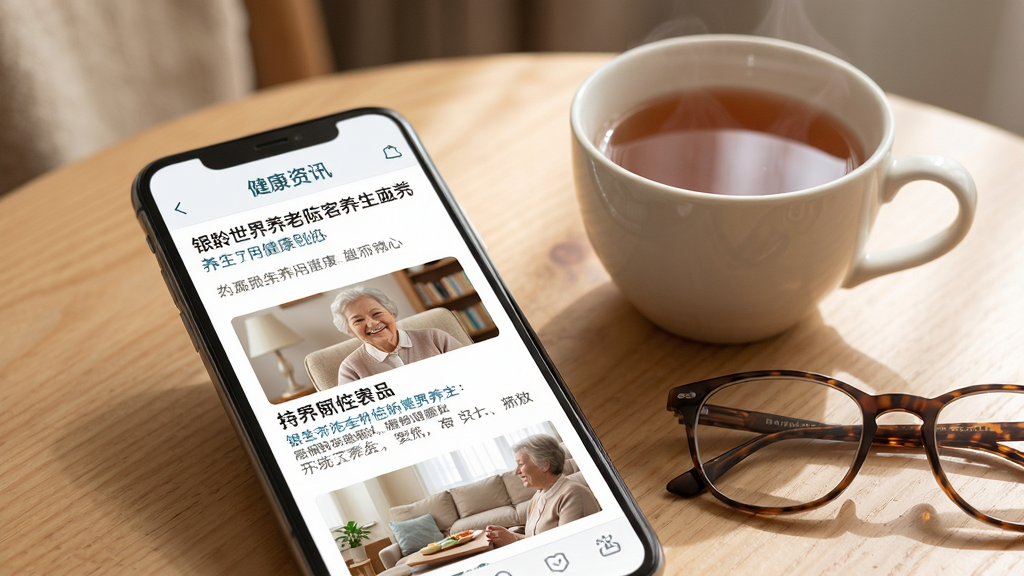 银龄世界养老应用的健康资讯页面特写,手机屏幕显示图文并茂的养生文章列表,旁边放置一杯茶和一副老花镜,场景温馨生活化,风格柔和自然,细节表现文章标题与配图,画质清晰干净