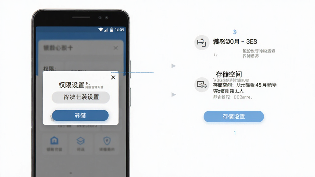 银龄世界养老应用在安卓手机上的安装引导界面示意图,画面展示权限设置弹窗与存储空间提示,布局清晰分步展示,风格简洁直观,细节表现按钮与文字说明,画质干净明亮,无多余元素