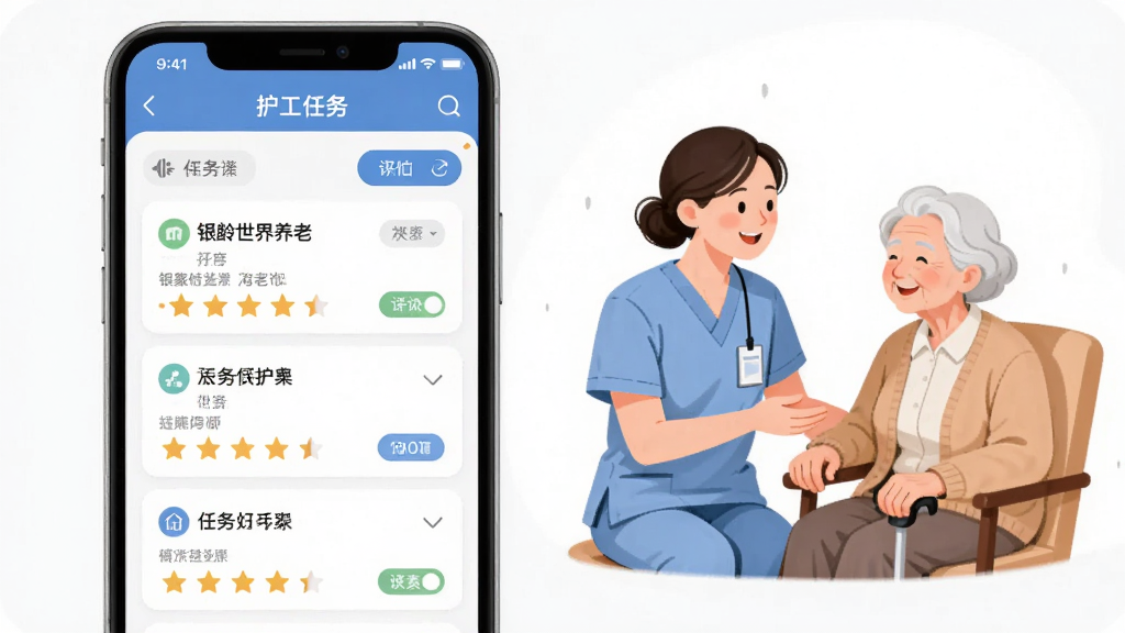 画面展示银龄世界养老应用内的护工任务列表页面,手机屏幕旁有护工与老年人友好交流的插画元素,布局简洁有序,风格清新柔和,细节表现任务卡片、筛选按钮和评价星级,画质干净清晰,无杂乱背景