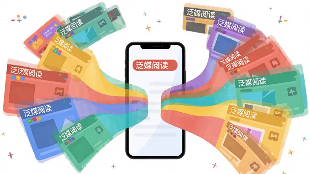 一幅表现泛媒阅读聚合内容能力的插画,画面主体为一部手机屏幕向外发散出多条彩色内容卡片流,卡片上带有