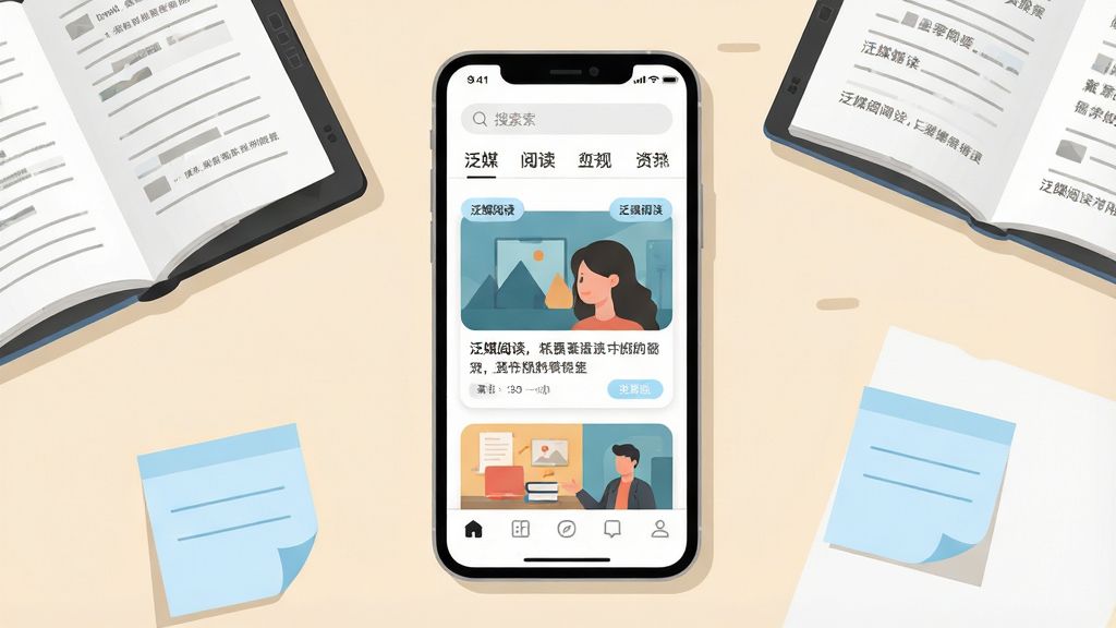 一张展示泛媒阅读手机应用主界面的场景图,画面中央是一部竖屏智能手机,屏幕内呈现泛媒阅读的资讯列表页面,顶部有搜索框与频道标签,中部为图文混排的文章卡片,底部为导航栏;手机两侧散落几本翻开的电子书与便签纸,背景为浅米色书桌桌面;整体采用清爽扁平插画风格,细节包括柔和的投影、圆角卡片、淡蓝色高亮标签;画质清晰,画面干净,无多余元素