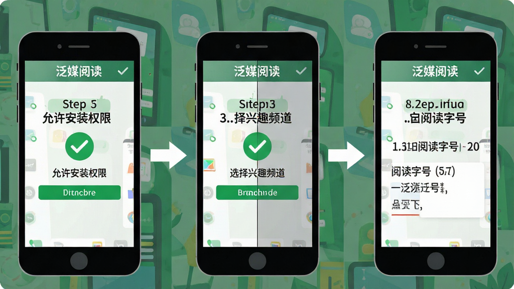 一张泛媒阅读安装与设置引导示意图,画面主体为手机屏幕分屏展示三个步骤:允许安装权限、选择兴趣频道、调节阅读字号;布局为三块手机屏幕横向并排,用箭头连接;风格为简洁信息图插画;细节包括步骤编号、绿色对勾图标、