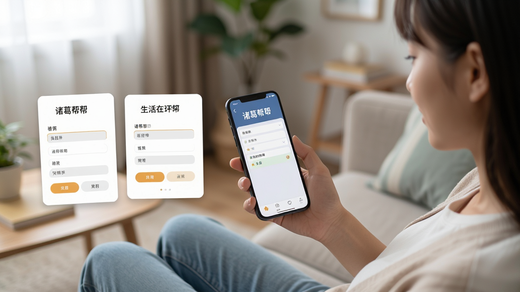 一位年轻用户在手机上发布生活需求,画面为室内客厅场景,人物坐在沙发上手持手机,手机屏幕显示“诸葛帮帮”发布任务界面,旁边有简洁的卡片式表单元素,构图以人物与手机为视觉中心,风格清新写实,光线柔和,细节自然,画质清晰干净,无多余元素