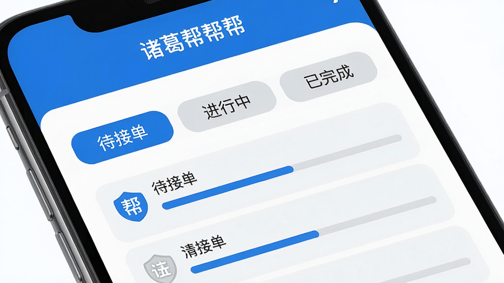 手机屏幕特写展示“诸葛帮帮”任务进度页面,画面中有待接单、进行中、已完成三个状态标签,配色为蓝白与浅灰,界面排版规整,风格简洁商务,细节上进度条与状态图标清晰,画质干净,无多余元素