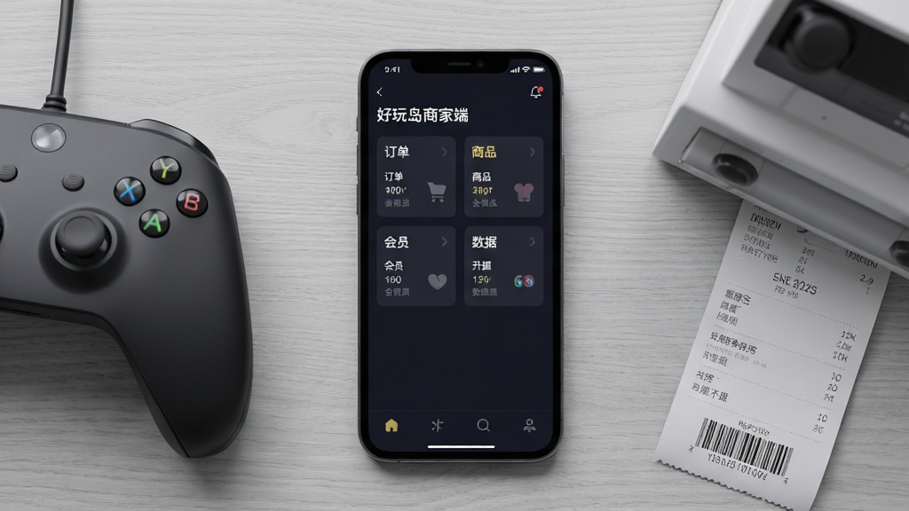 一张展示手机端商家管理后台界面的写实图片,画面中央是一部竖屏智能手机,屏幕上显示