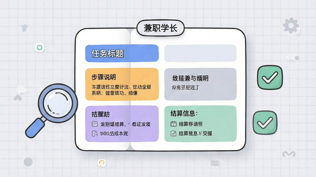 画面主体是一张展开的任务详情卡片,卡片内以分栏形式呈现任务标题、步骤说明、结算信息等文字区块,卡片旁放置放大镜与勾选图标,布局采用居中卡片式构图、背景为浅灰网格,排版上卡片上方悬浮“兼职学长”小标签,风格为简洁UI展示插画,细节上文字区块用不同色块区分、图标线条圆润,画质高清、干净、无多余元素