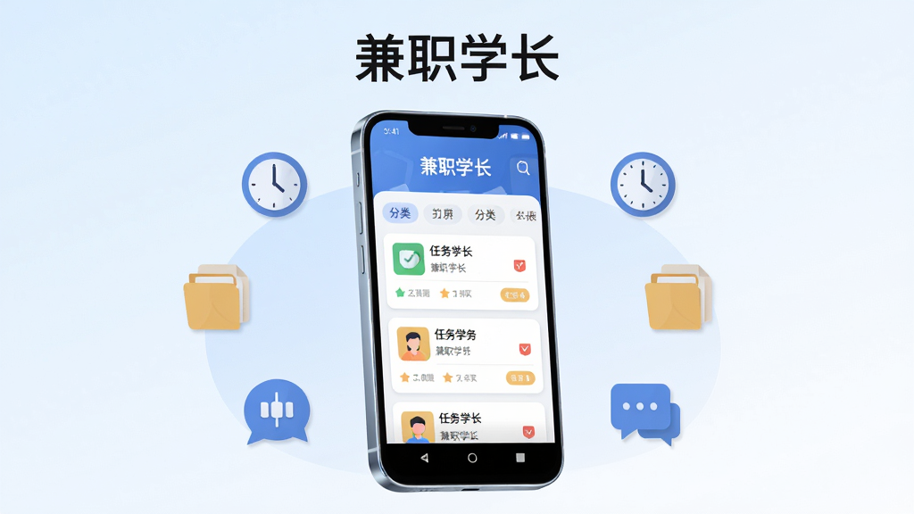 画面主体是一部竖屏安卓手机,手机屏幕中央展示“兼职学长”应用首页界面,界面内可见任务列表卡片与分类标签,手机周围以扁平化图标点缀兼职、时钟、文件、对话气泡等元素,布局采用居中构图、手机略微倾斜呈现立体感,排版上标题“兼职学长”置于画面顶部居中位置,风格为清爽现代科技插画风,细节上手机边框有轻微高光、背景为浅蓝渐变到白色的柔和过渡、卡片边缘圆角处理,画质高清、干净、无多余元素