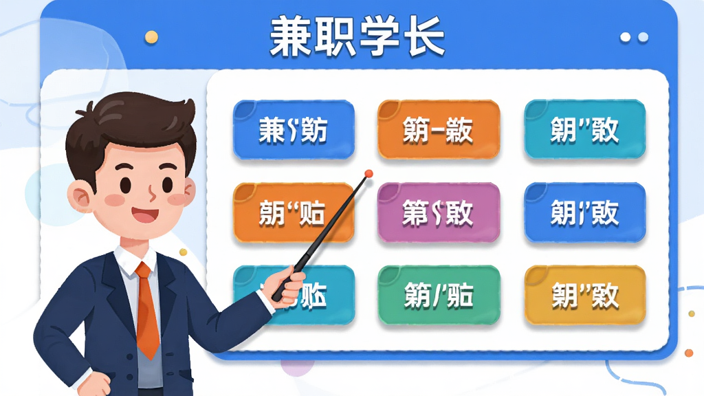 画面主体为一块横向展开的信息分类面板,面板上排列多个彩色标签卡分别标注不同任务类别,旁边配有一位卡通学长形象手持指示棒指向面板,布局采用左右结构、左侧为人物右侧为分类面板,排版上顶部留白放置“兼职学长”字样,风格为扁平卡通商务插画,细节上标签卡有轻微投影、人物表情友善、配色以蓝橙为主,画质高清、干净、无多余元素