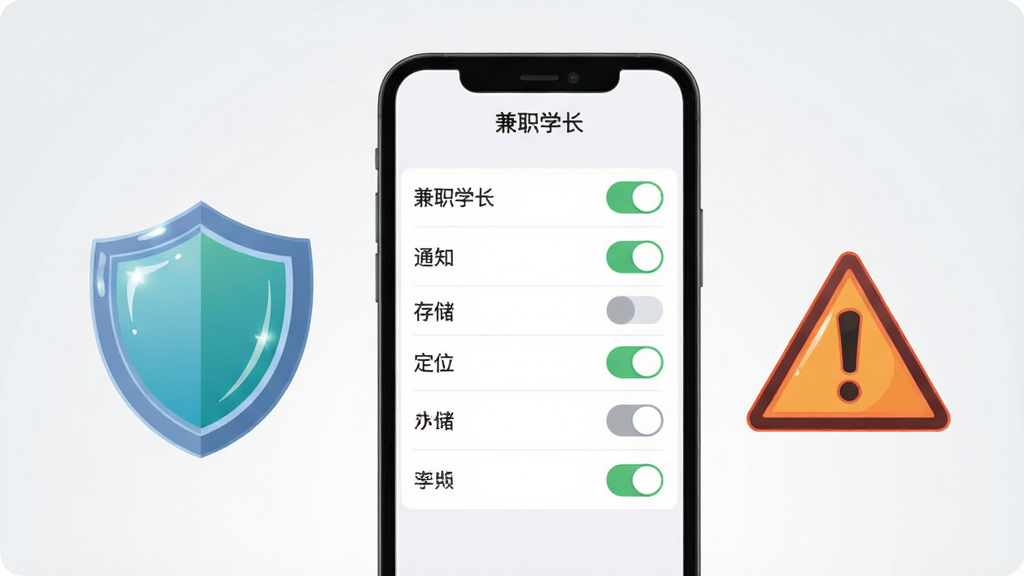 画面主体是一部手机屏幕显示应用权限设置界面,界面中排列通知、存储、定位等权限开关条目,手机旁配有一个盾牌图标与警示三角图标,布局采用手机居中、图标左右分布,排版上屏幕顶部显示“兼职学长”设置页标题,风格为扁平安全提示插画,细节上开关按钮有绿色与灰色状态区分、盾牌有高光、背景为浅灰到白色渐变,画质高清、干净、无多余元素