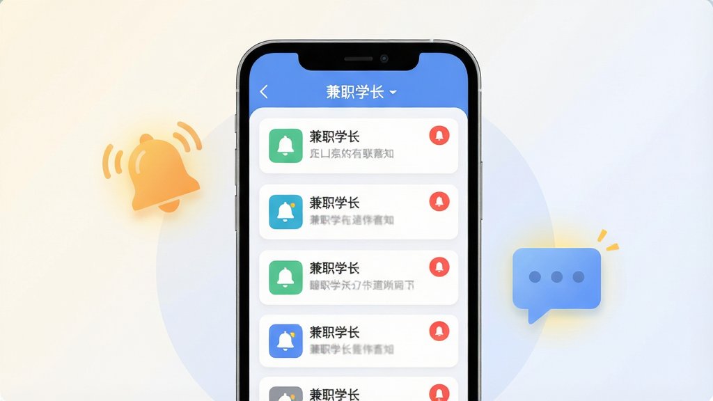 画面主体是一部手机屏幕展示消息通知列表界面,列表中排列多条带图标的通知条目,手机旁配有一个铃铛图标与对话气泡,布局采用手机居中、图标环绕的构图,排版上屏幕内顶部显示“兼职学长”导航栏,风格为现代扁平UI插画,细节上通知条目有未读红点标记、铃铛有轻微光晕、背景为浅色渐变,画质高清、干净、无多余元素