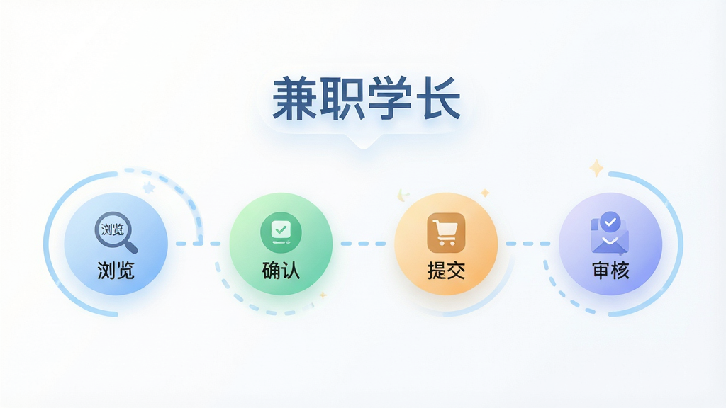 画面主体是一条由四个圆形节点串联而成的流程引导路径,节点分别配有浏览、确认、提交、审核的小图标,路径上方漂浮“兼职学长”文字标识,布局采用横向延展的路径构图、节点之间以虚线连接,排版上整体居中、上下留白均衡,风格为轻拟物流程示意图,细节上节点有柔和渐变填充、路径线条为浅蓝色、背景干净,画质高清、干净、无多余元素