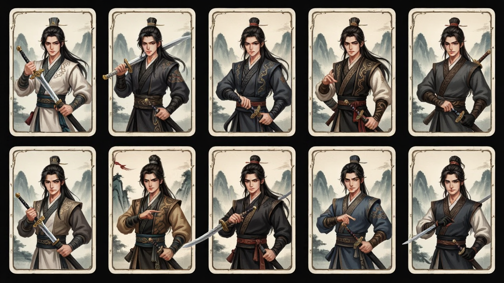画面主体为多位武侠角色以卡牌形式排列展示,每位角色配有武器与服饰特征,布局为网格状陈列,排版整齐清晰,风格为精致国风插画,细节包括角色表情、服饰纹样与背景山水,画质细腻柔和,干净无多余元素