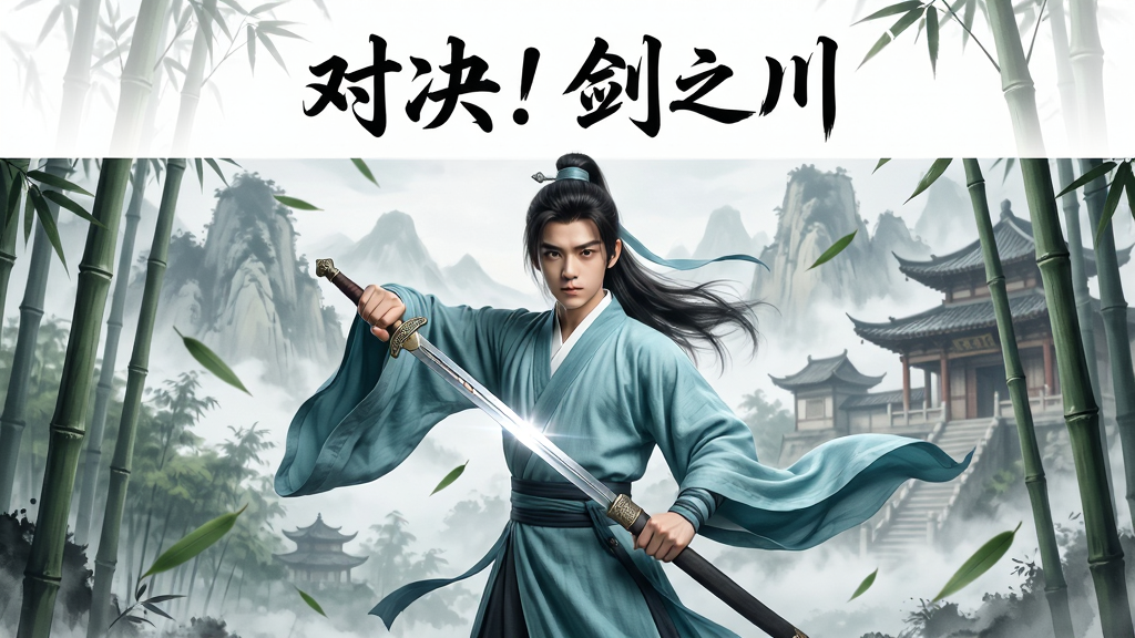 画面主体为一位身穿青衫的年轻剑客手持长剑立于竹林中,背景为东方武侠风格的山川与古建筑,布局采用中心构图突出人物,排版上方留白放置游戏名称“对决!剑之川”,风格为国风水墨与写实融合,细节包括飘落的竹叶、剑身反光与衣袂飘动,画质高清细腻,干净无多余元素