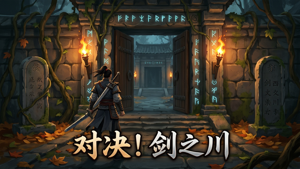 画面主体为一位侠客站在古老石门前的探索场景,周围有藤蔓与石碑,布局为纵深透视构图引导视线向门内延伸,排版下方放置游戏名称“对决!剑之川”,风格为神秘国风探险,细节包括石门符文、火把光影与地面落叶,画质高清自然,干净无多余元素