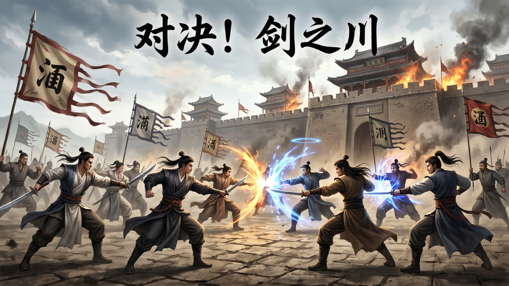 画面主体为帮派战场景中多名武侠角色分组对抗,背景为城池攻防画面,布局为广角全景展示战场,排版上方标注“对决!剑之川”字样,风格为热血国风战场,细节包括旗帜飘扬、技能特效与城墙烟火,画质清晰大气,干净无多余元素