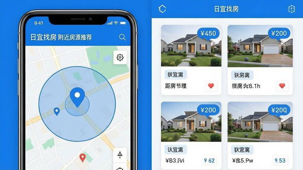一张展示“日宜找房”附近房源推荐功能的示意图,画面主体为手机界面与地图元素结合,布局为左侧地图定位标记、右侧房源卡片列表,排版呈左右分栏,风格为清爽的科技蓝白配色,细节包括地图上的圆形范围圈、房源价格气泡、距离数值标注,画质清晰,干净,无多余元素