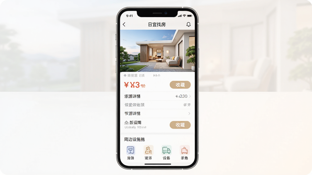 展示“日宜找房”房源详情页与周边配套信息的组合画面,主体为手机详情页界面,布局为上方房源大图、中部信息列表、下方周边设施图标行,排版纵向排列,风格为柔和浅色系扁平设计,细节包括价格数字突出显示、配套图标带文字标签、收藏按钮高亮,画质高清,干净,无多余元素