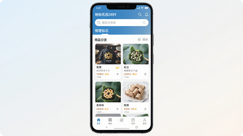 一款名为“地标优选2889”的手机应用界面展示图,画面中央是一部竖屏安卓手机,屏幕内呈现清爽的商品分类列表与地理标志产品卡片布局,上方有搜索框,下方有底部导航栏,背景为浅色渐变,整体风格简洁现代,细节清晰,画质干净,无多余元素
