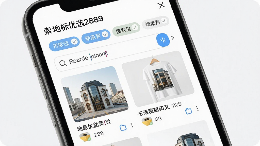 一张“地标优选2889”搜索筛选界面图,手机屏幕显示搜索框输入关键词后出现的商品结果列表,顶部有多个筛选标签按钮,界面配色清爽,布局规整,风格现代简洁,细节清楚,画质干净,无多余元素
