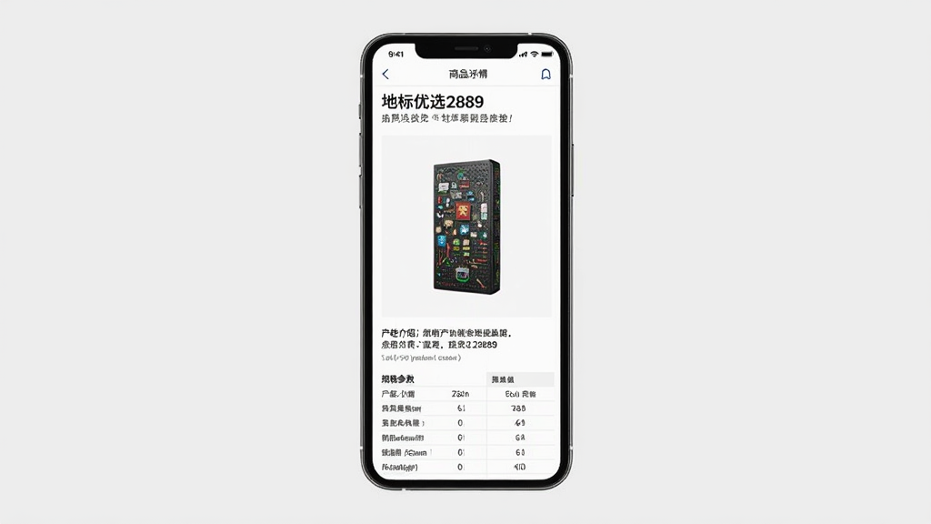 一张“地标优选2889”商品详情页示意图,手机屏幕中展示产品主图、产地介绍文字和规格参数表,排版层次分明,背景为浅灰色,风格干净利落,细节清晰,画质干净,无多余元素